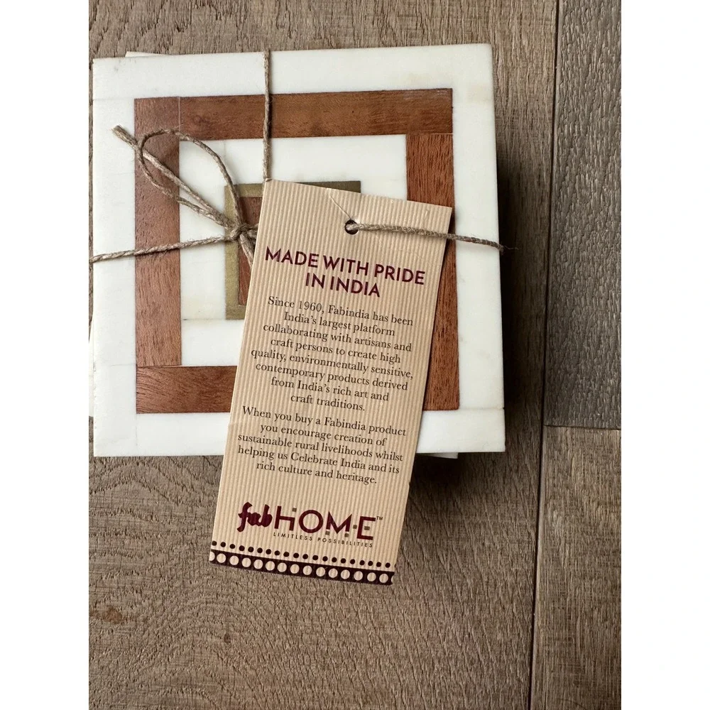 FabIndia FabHOME Ayaana Wood Resin Faux Bone Brass Inlay Coasters Set of 4 White